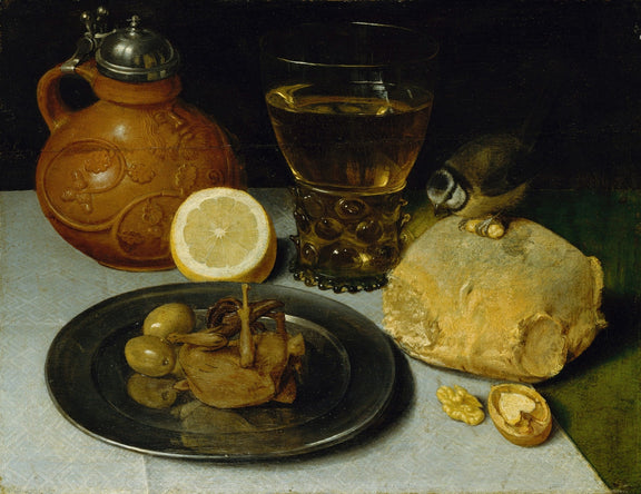 Still Life Oil Painting - Bread, Lemon and Wine Glass - Oil Painting Haven