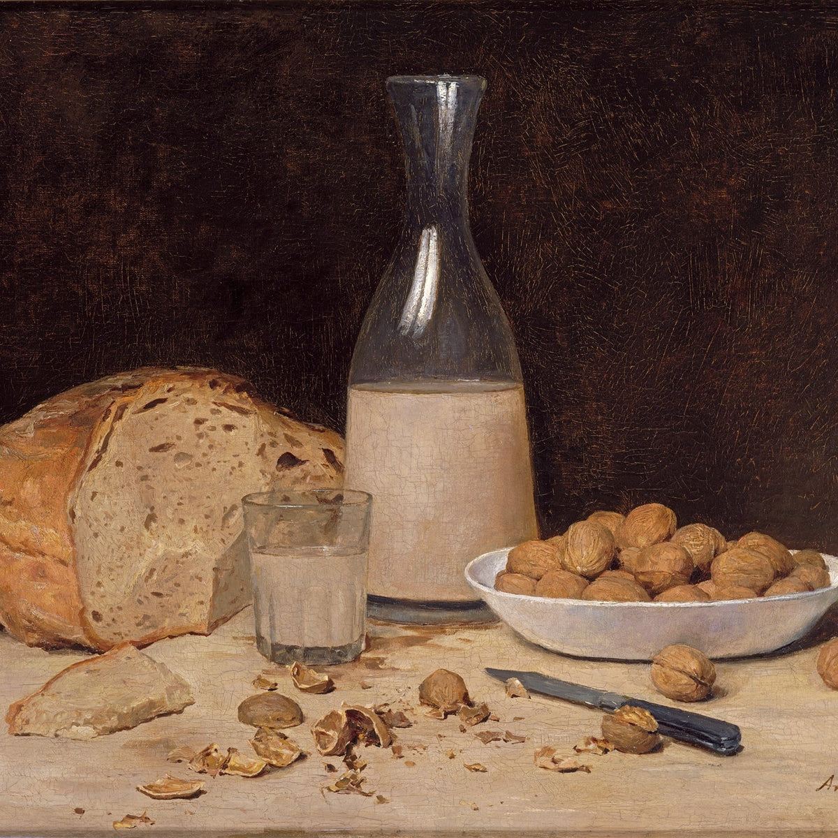 Still Life Oil Painting - Bread, Milk and Walnuts - Oil Painting Haven