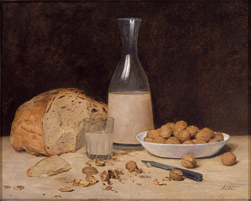 Still Life Oil Painting - Bread, Milk and Walnuts - Oil Painting Haven