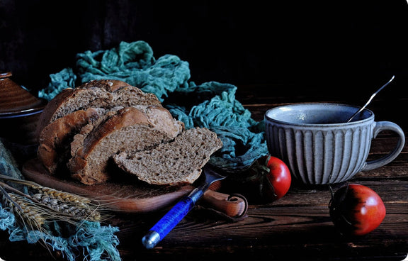 Still Life Oil Painting - Bread, Tomatoes and Ceramic Cup - Oil Painting Haven