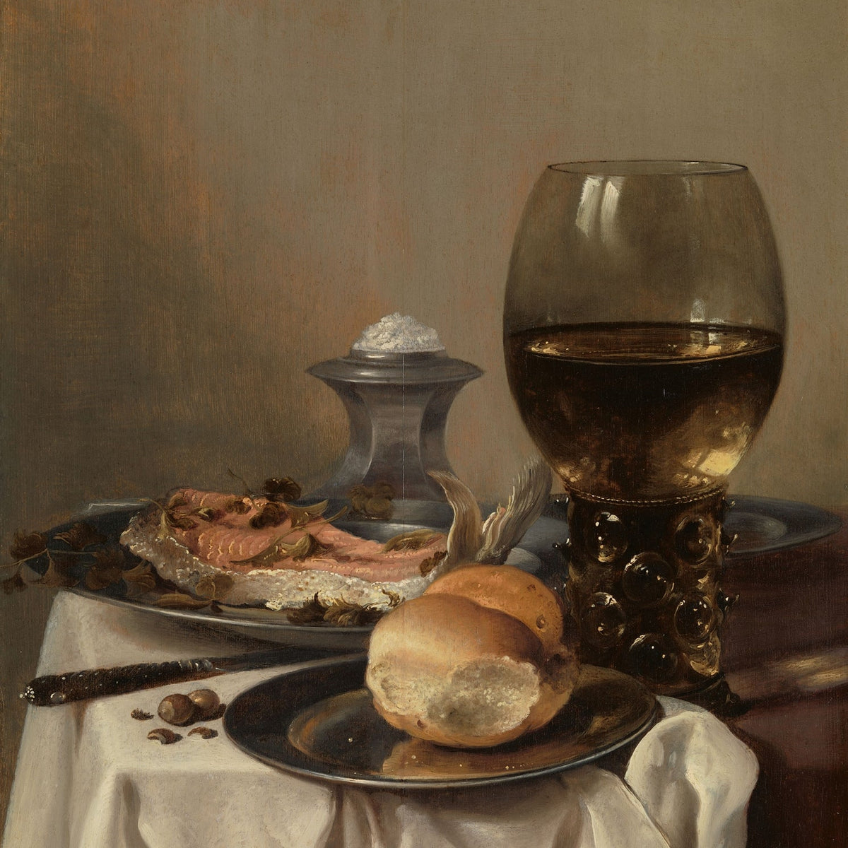 Still Life Oil Painting - Bread, Wine Glass and Ham - Oil Painting Haven