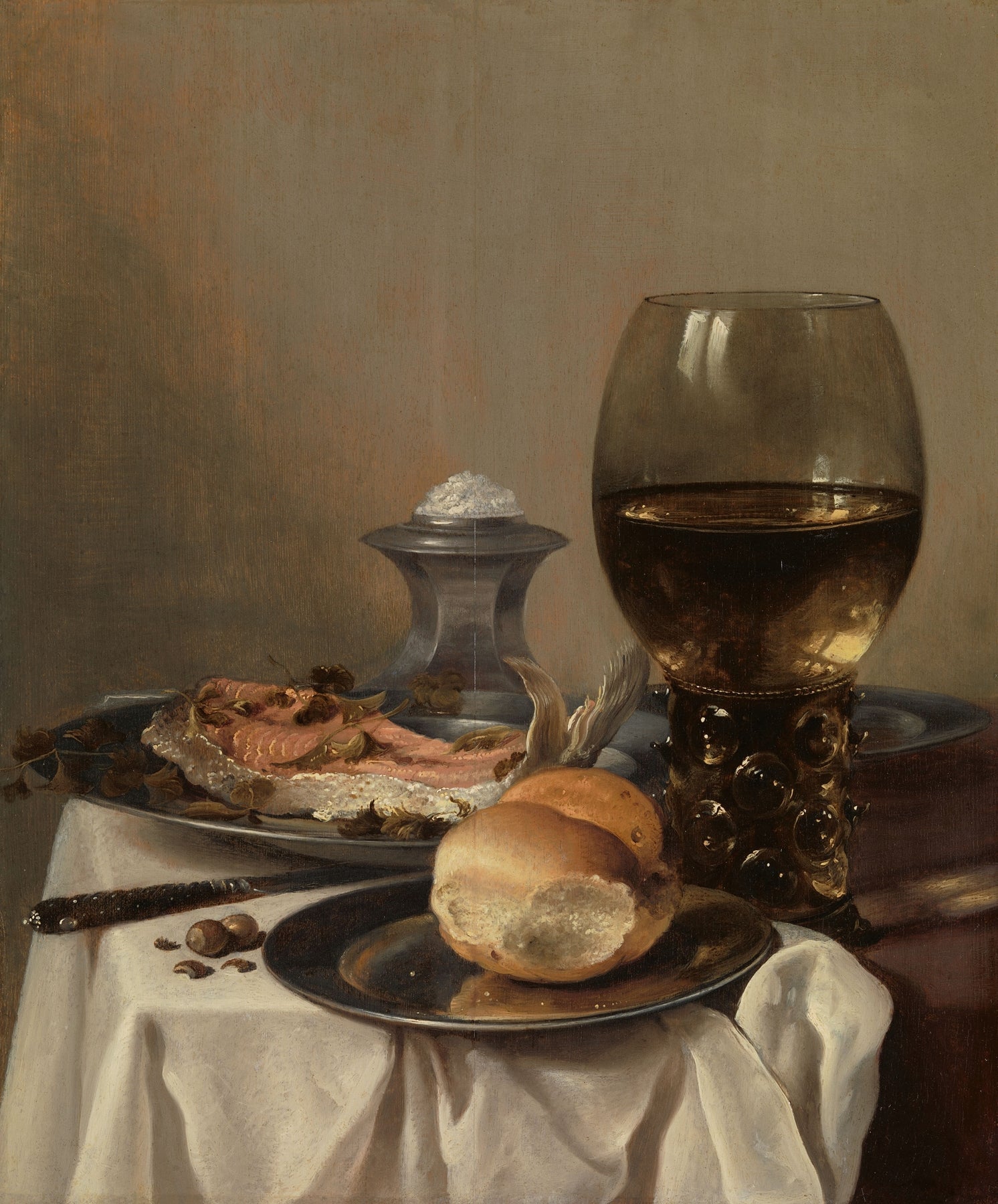 Still Life Oil Painting - Bread, Wine Glass and Ham - Oil Painting Haven