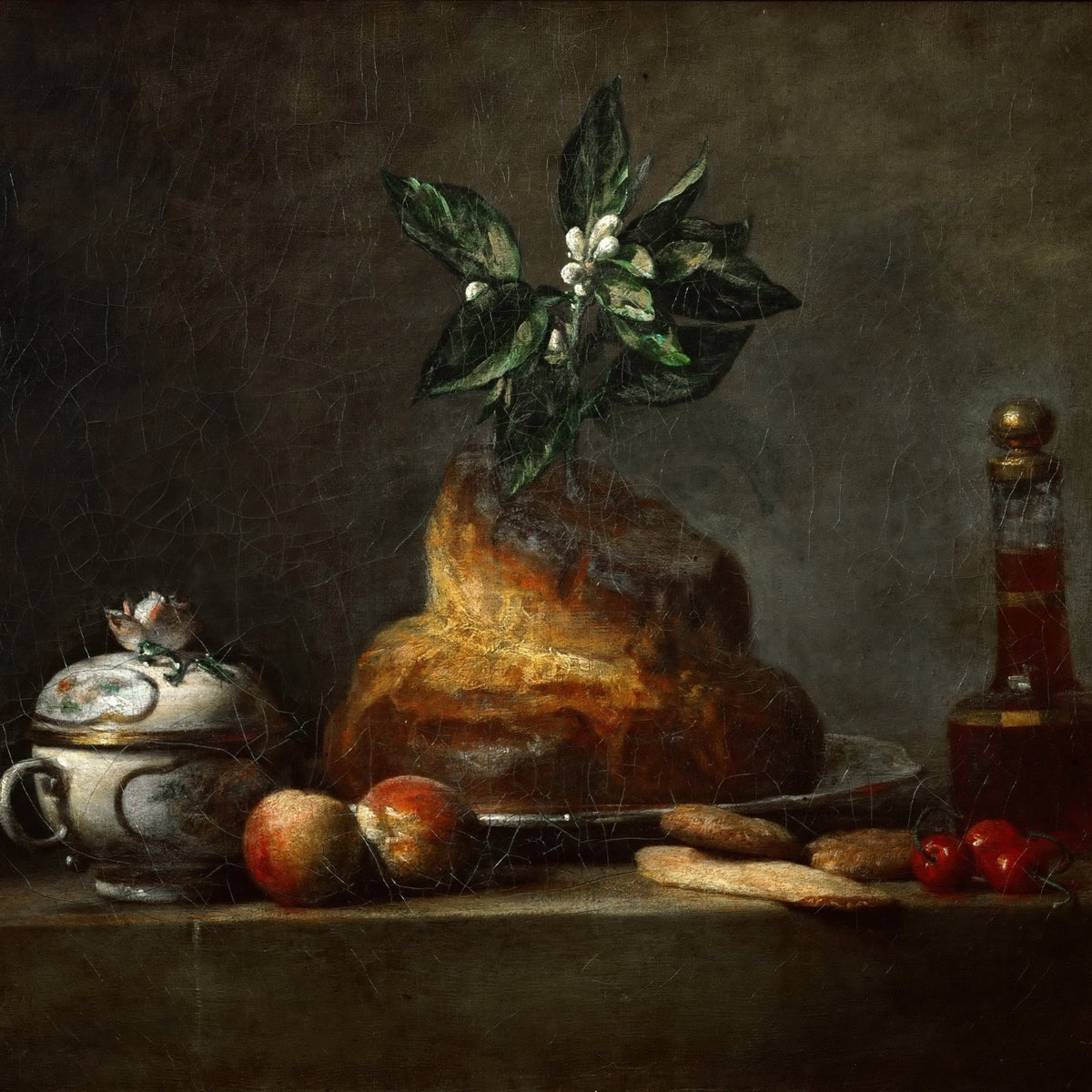 Still Life Oil Painting - Cake, Fruit and Glass Bottle - Oil Painting Haven