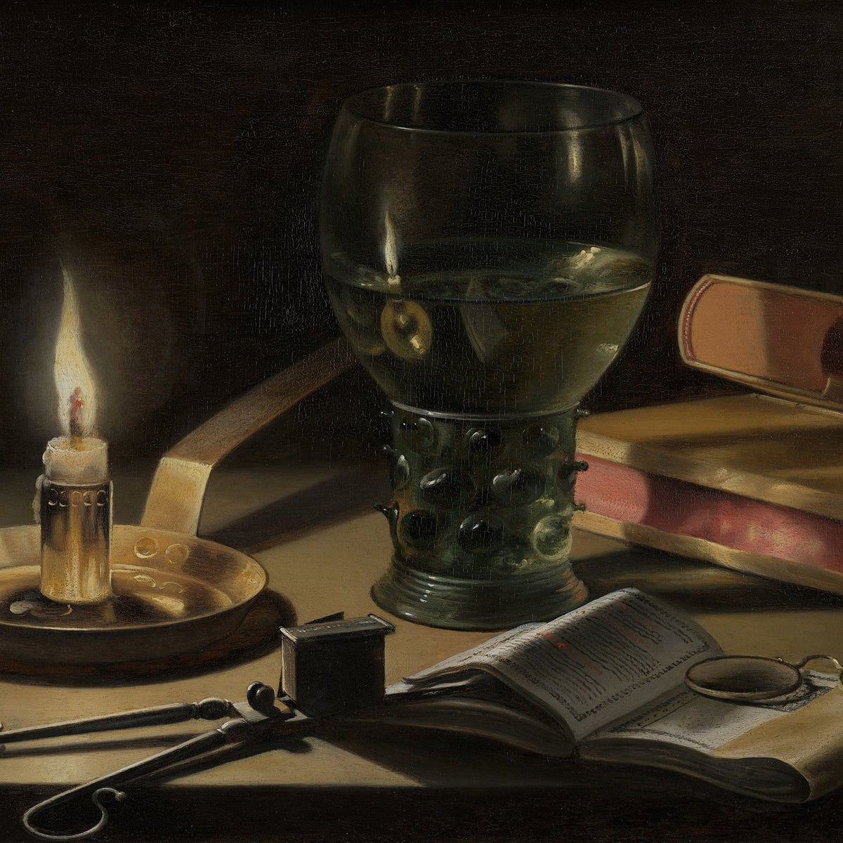 Still Life Oil Painting - Candle, Books and Wine Glass - Oil Painting Haven