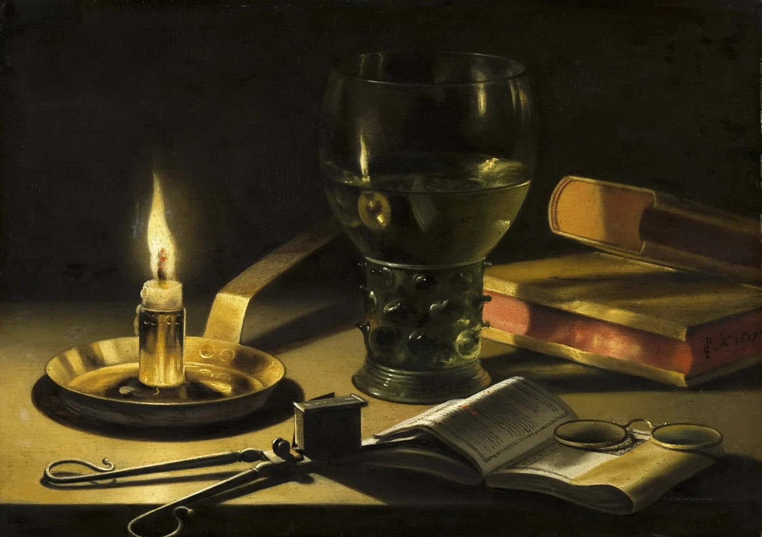 Still Life Oil Painting - Candle, Glass and Books - Oil Painting Haven