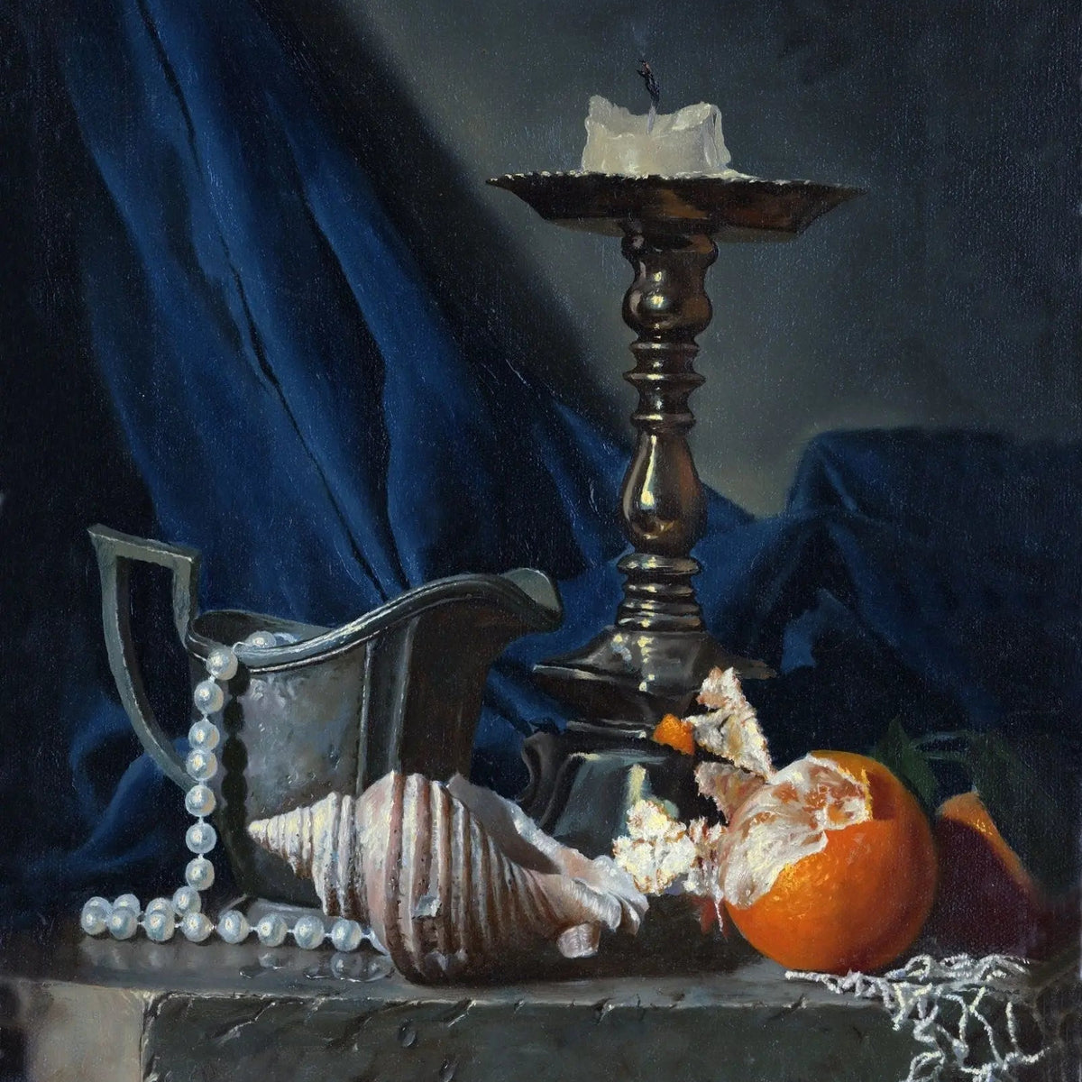 Still Life Oil Painting - Candle, Shell, Orange and Pearls - Oil Painting Haven
