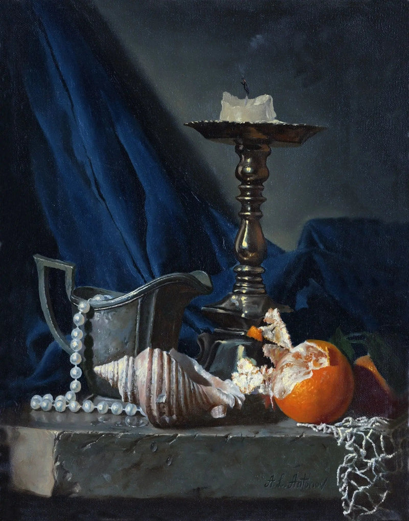 Still Life Oil Painting - Candle, Shell, Orange and Pearls - Oil Painting Haven