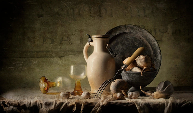 Still Life Oil Painting - Ceramic Jug, Glasses and Shells - Oil Painting Haven