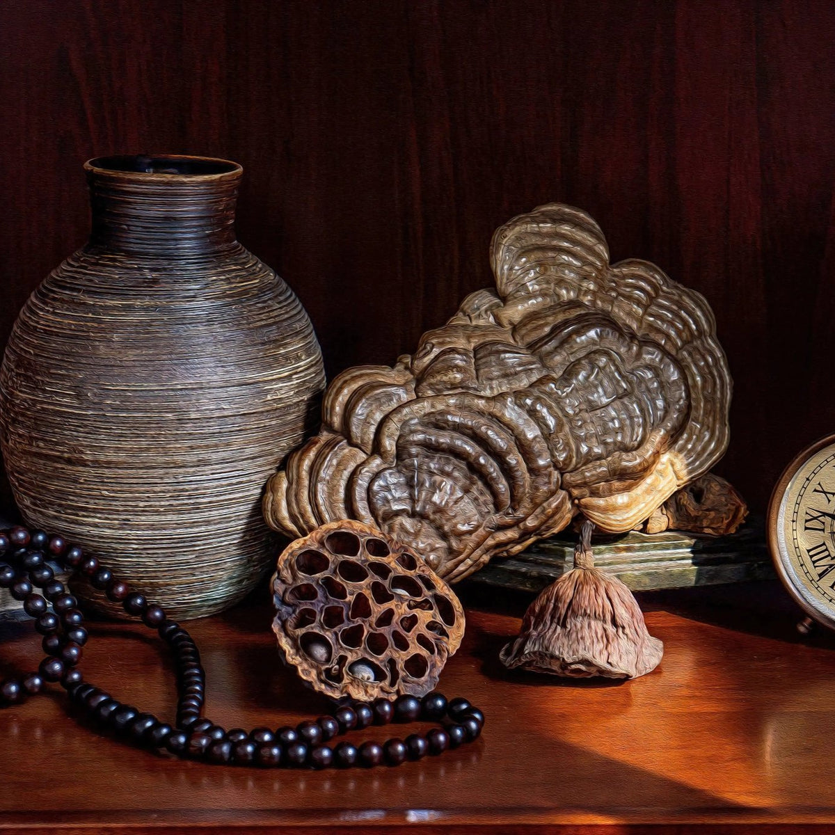 Still Life Oil Painting - Ceramic Vase, Antique Clock and Decor - Oil Painting Haven