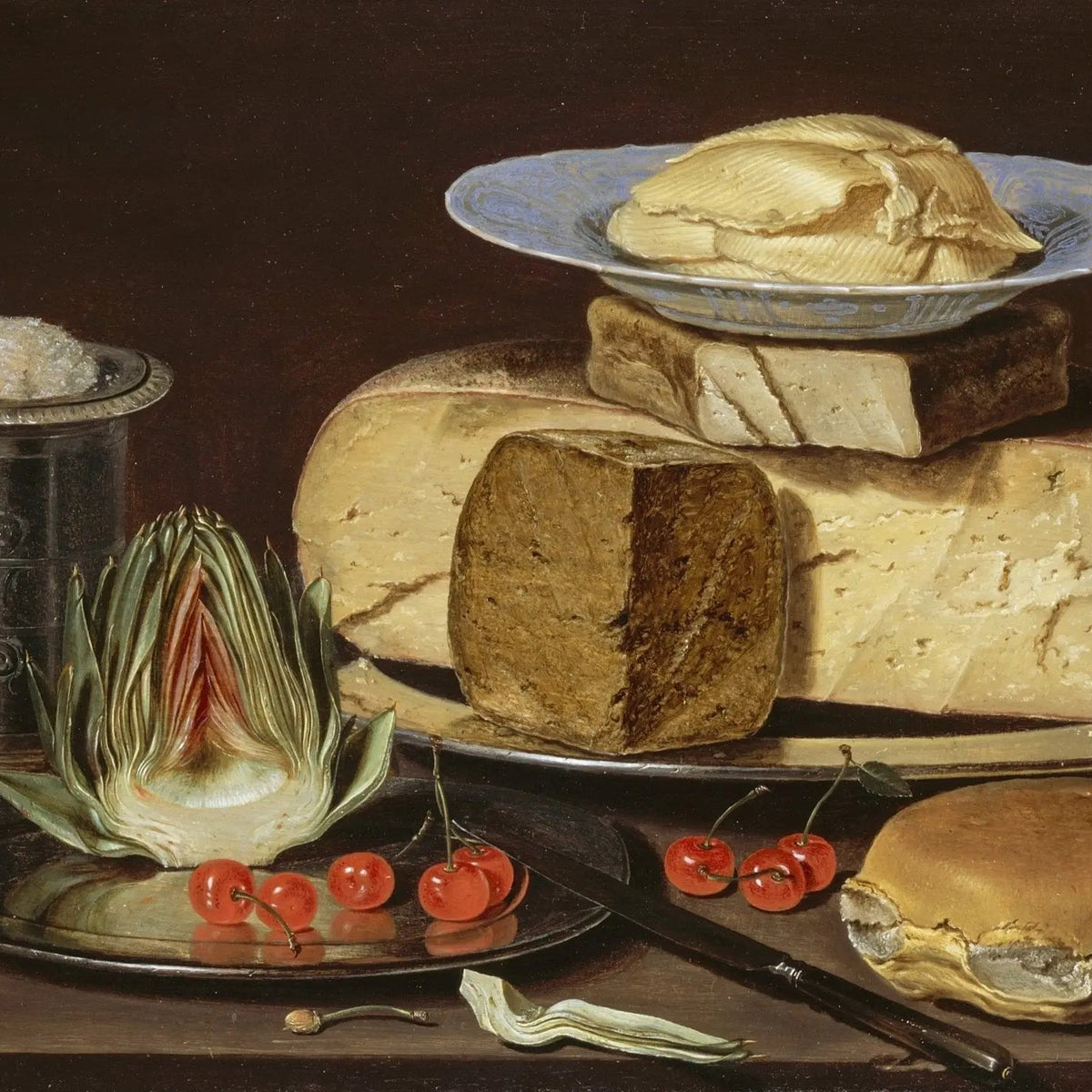 Still Life Oil Painting - Cheese, Artichoke and Cherries - Oil Painting Haven