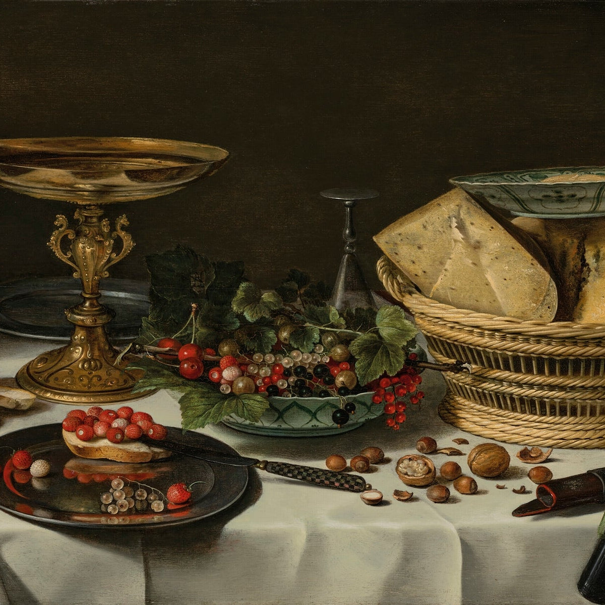 Still Life Oil Painting - Cheese, Bread and Berries - Oil Painting Haven