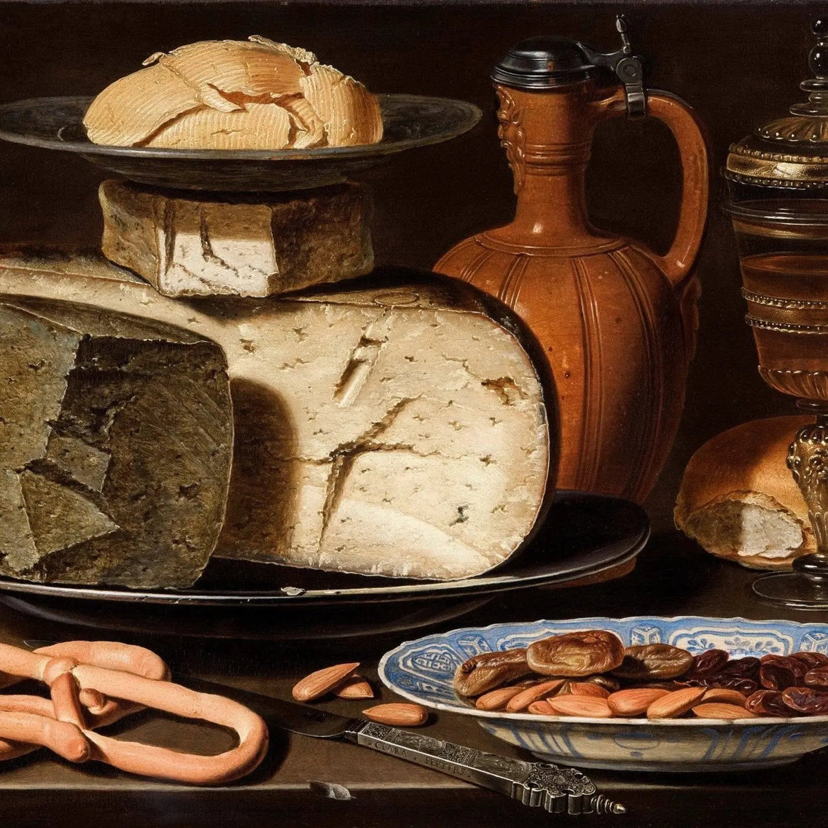 Still Life Oil Painting - Cheese, Bread and Nuts - Oil Painting Haven