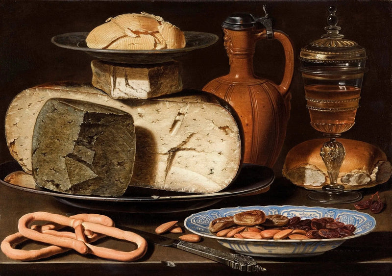 Still Life Oil Painting - Cheese, Bread and Nuts - Oil Painting Haven