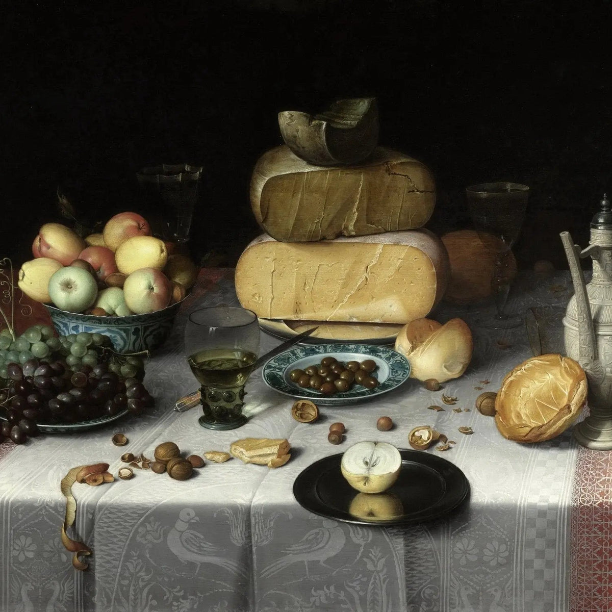 Still Life Oil Painting - Cheese, Fruits and Tableware - Oil Painting Haven