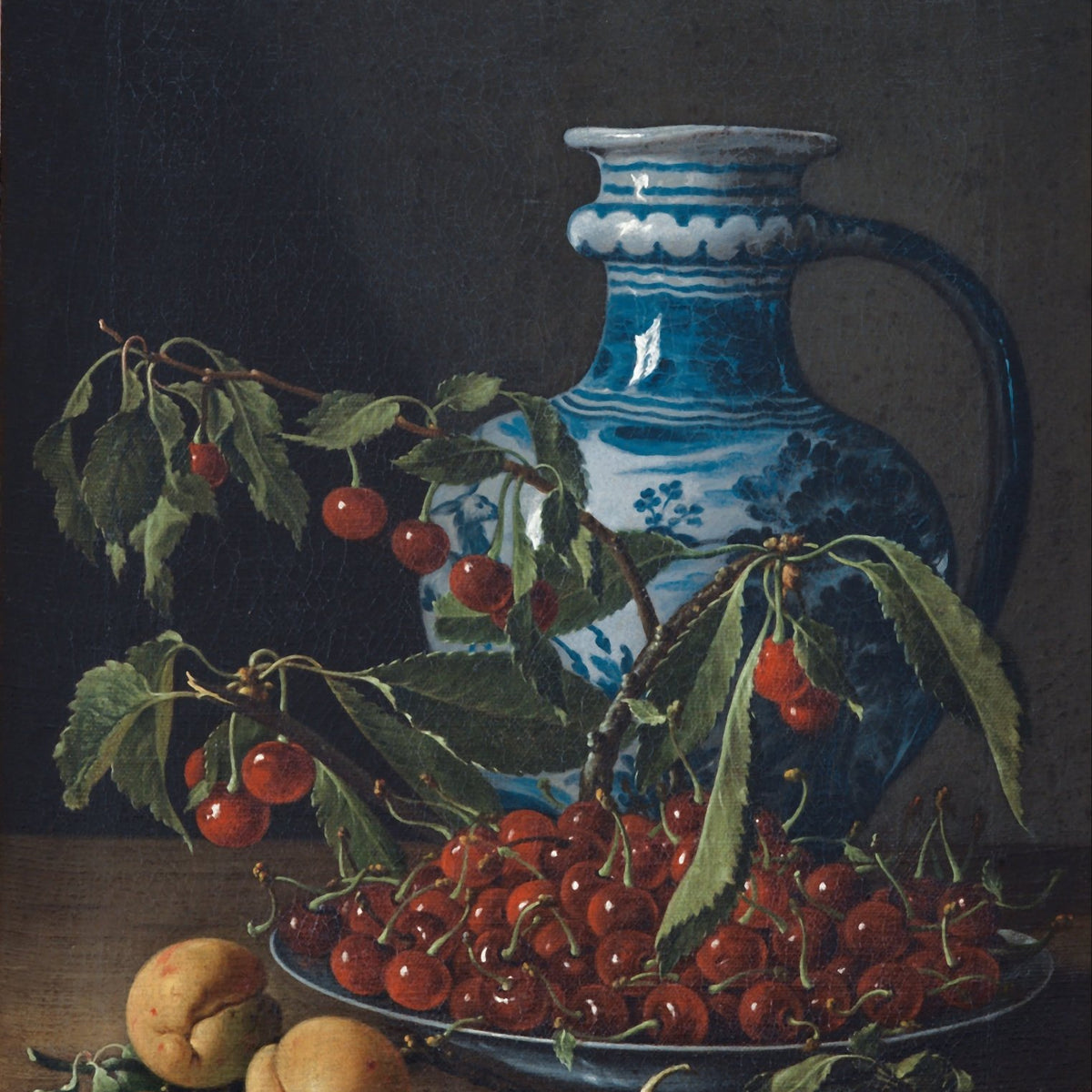 Still Life Oil Painting - Cherries and Blue Ceramic Vase - Oil Painting Haven