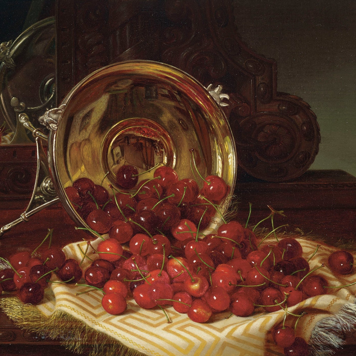 Still Life Oil Painting - Cherries and Silver Bowl - Oil Painting Haven