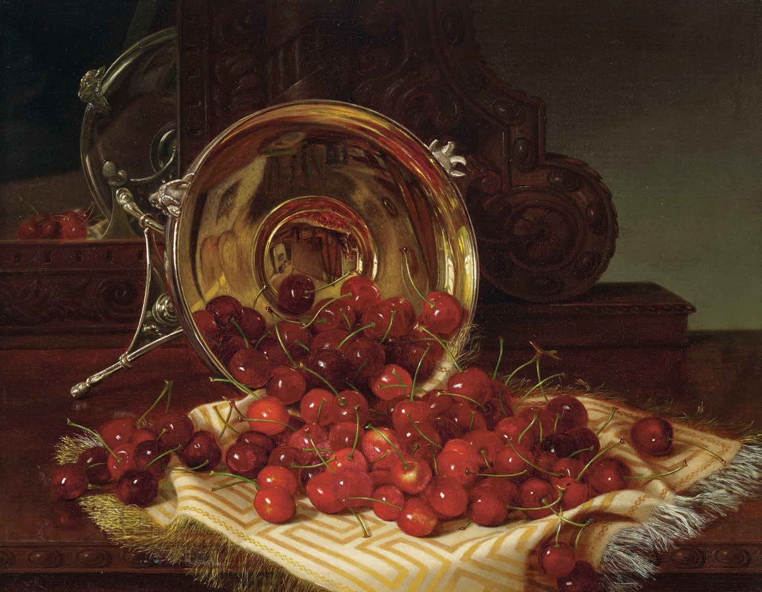 Still Life Oil Painting - Cherries and Silver Bowl - Oil Painting Haven