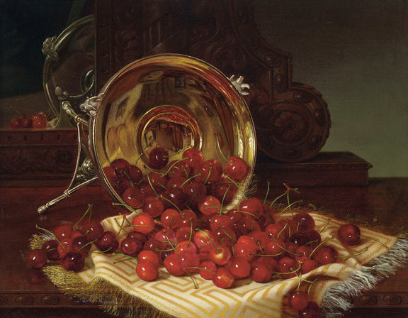 Still Life Oil Painting - Cherries and Silver Bowl - Oil Painting Haven