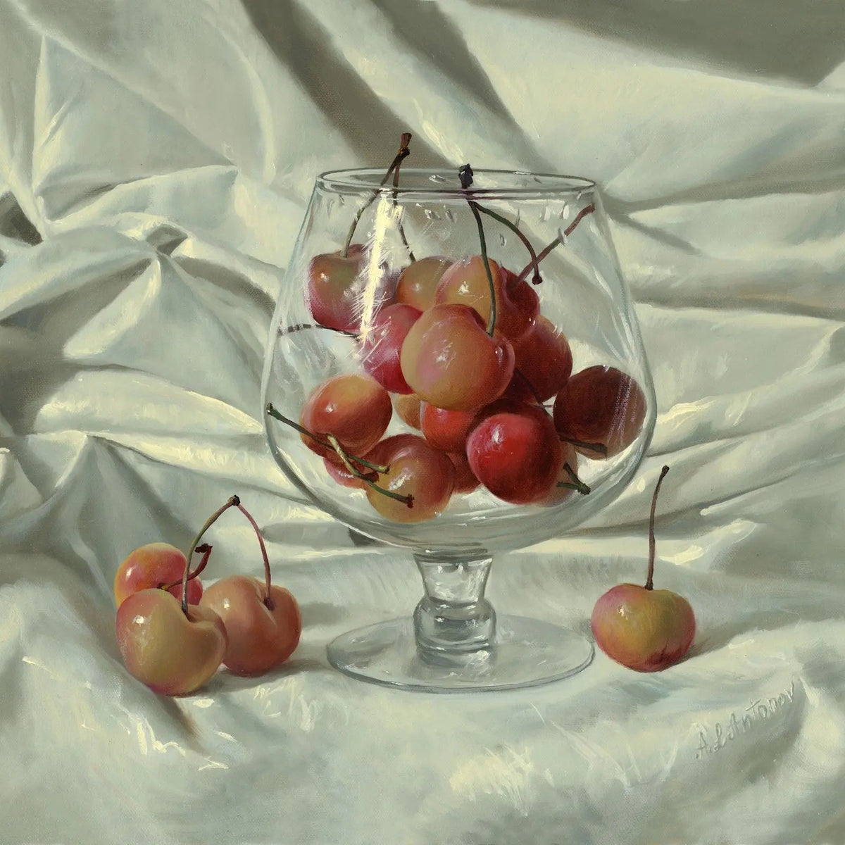Still Life Oil Painting - Cherries in Glass and Silk Cloth - Oil Painting Haven