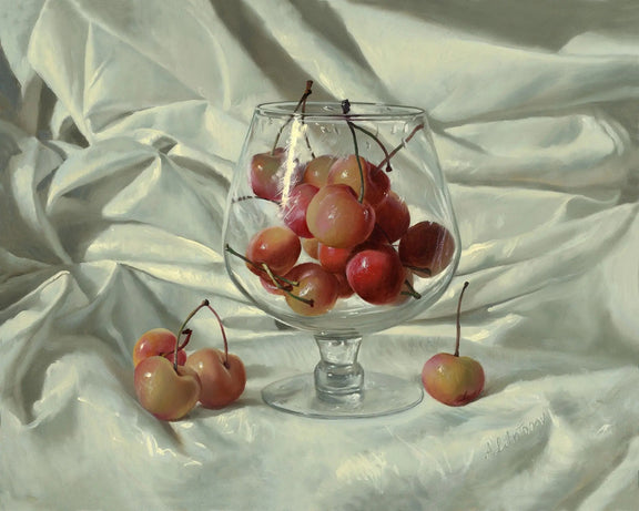 Still Life Oil Painting - Cherries in Glass and Silk Cloth - Oil Painting Haven