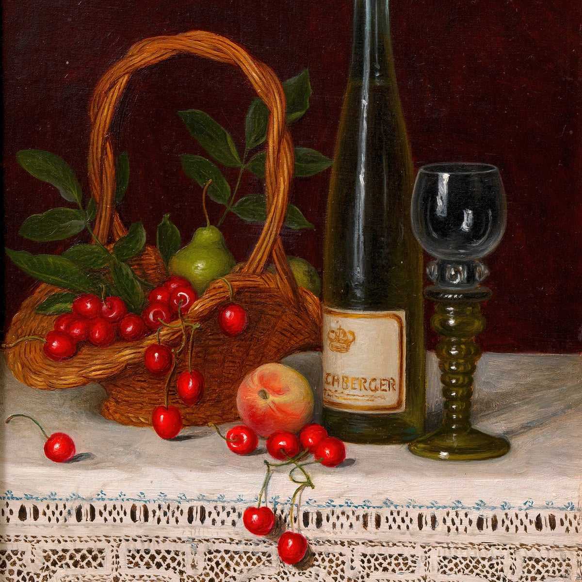 Still Life Oil Painting - Cherries, Pear and Wine Bottle - Oil Painting Haven