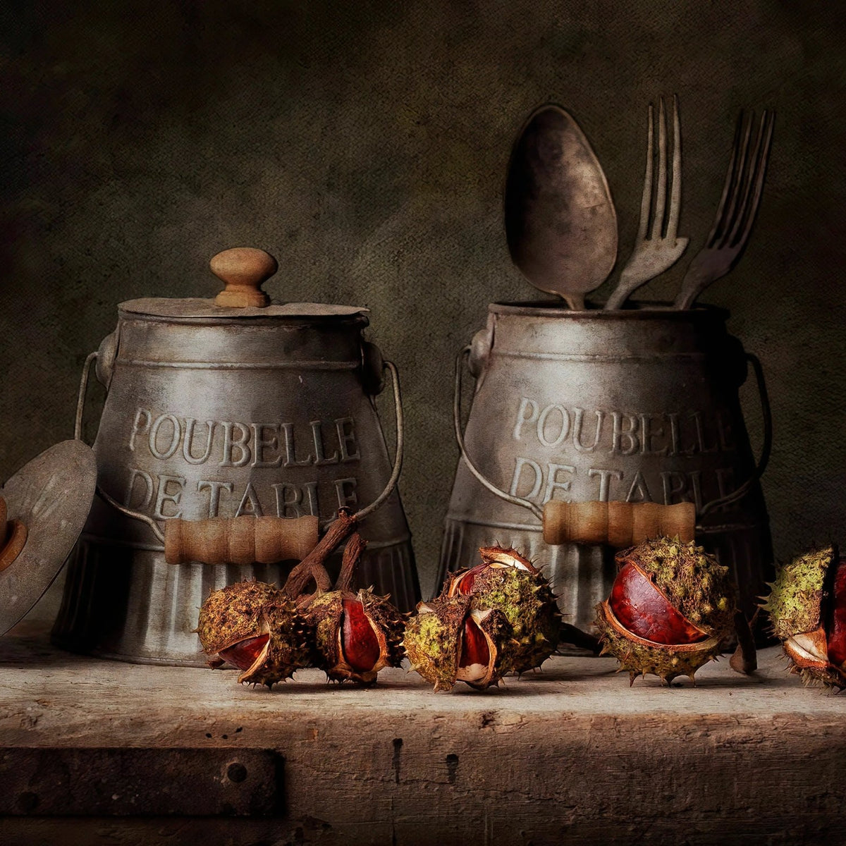 Still Life Oil Painting - Chestnuts and Vintage Metal Containers - Oil Painting Haven