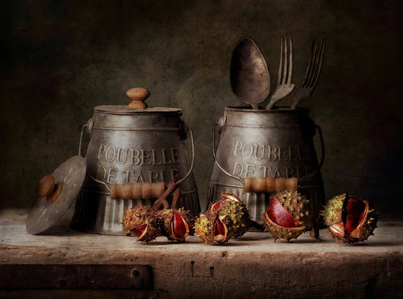 Still Life Oil Painting - Chestnuts and Vintage Metal Containers - Oil Painting Haven