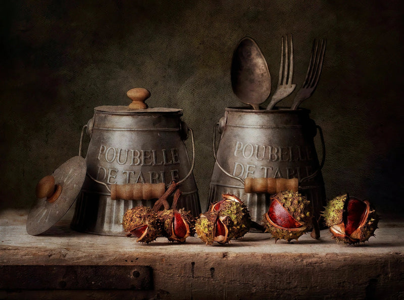 Still Life Oil Painting - Chestnuts and Vintage Metal Containers - Oil Painting Haven