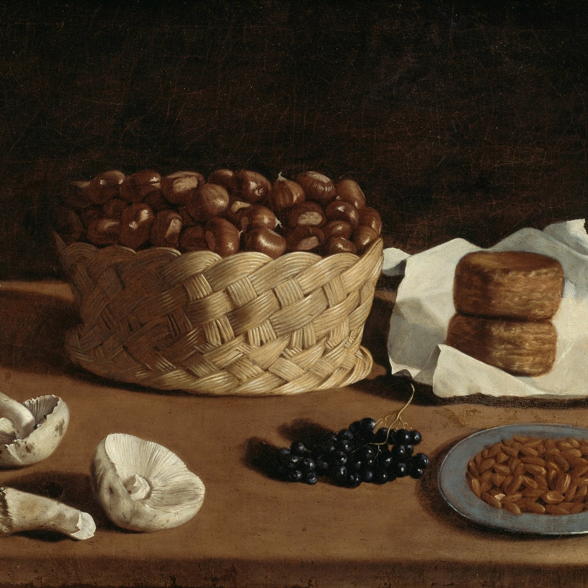 Still Life Oil Painting - Chestnuts, Cheese and Grapes - Oil Painting Haven