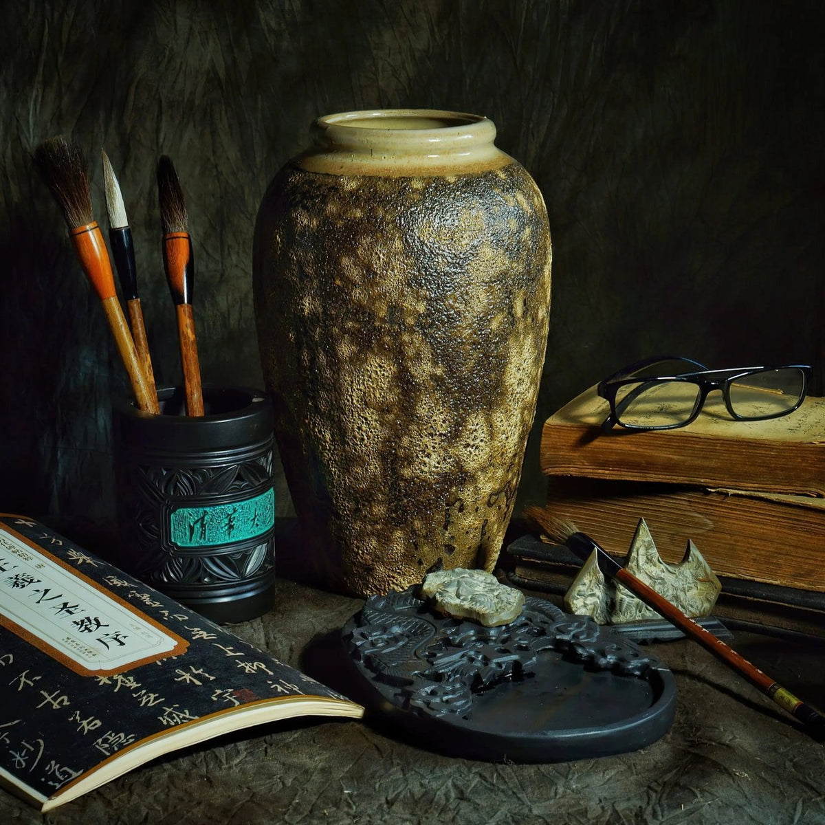 Still Life Oil Painting - Chinese Calligraphy Tools and Antiques - Oil Painting Haven