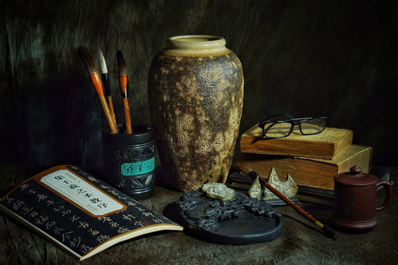 Still Life Oil Painting - Chinese Calligraphy Tools and Antiques - Oil Painting Haven