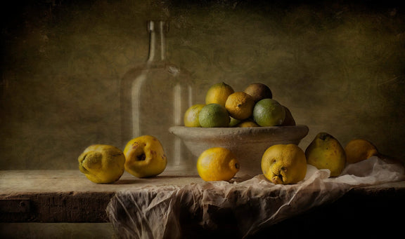 Still Life Oil Painting - Citrus Fruits and Ceramic Bowl - Oil Painting Haven