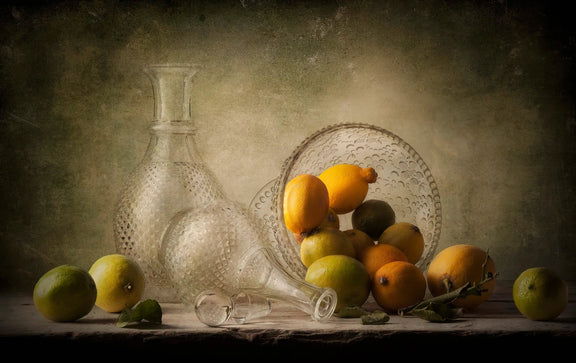Still Life Oil Painting - Citrus Fruits and Glassware - Oil Painting Haven