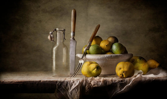 Still Life Oil Painting - Citrus Fruits, Glassware and Utensils - Oil Painting Haven