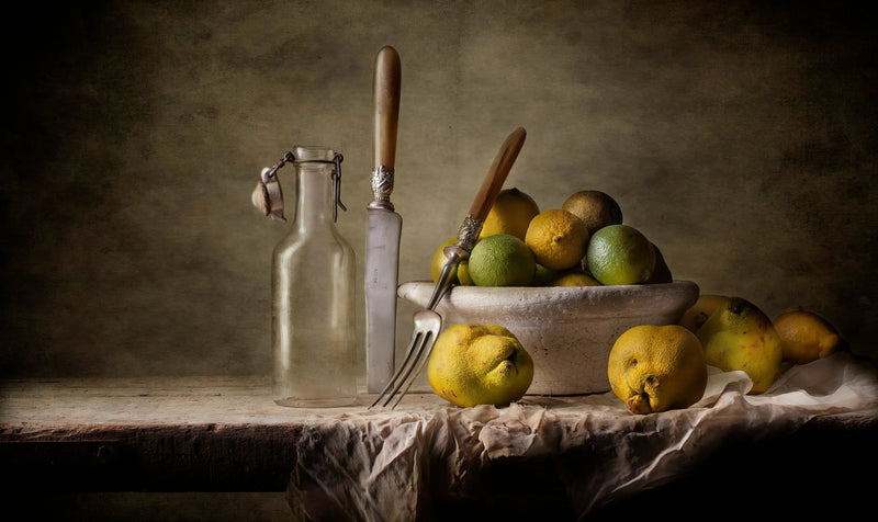 Still Life Oil Painting - Citrus Fruits, Glassware and Utensils - Oil Painting Haven