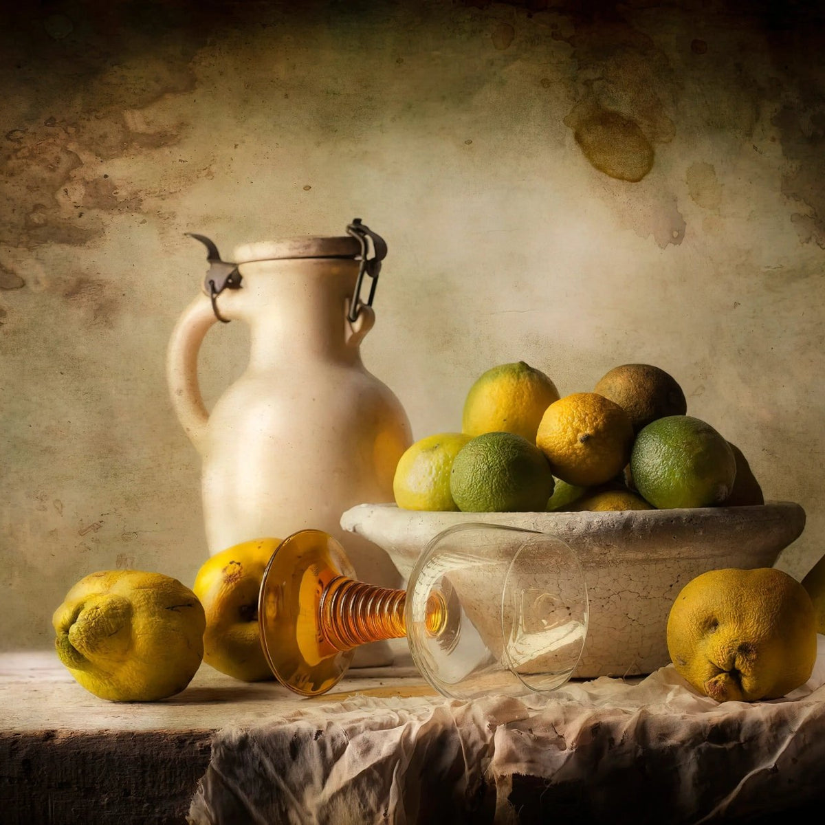 Still Life Oil Painting - Citrus Fruits, Jug and Glassware - Oil Painting Haven