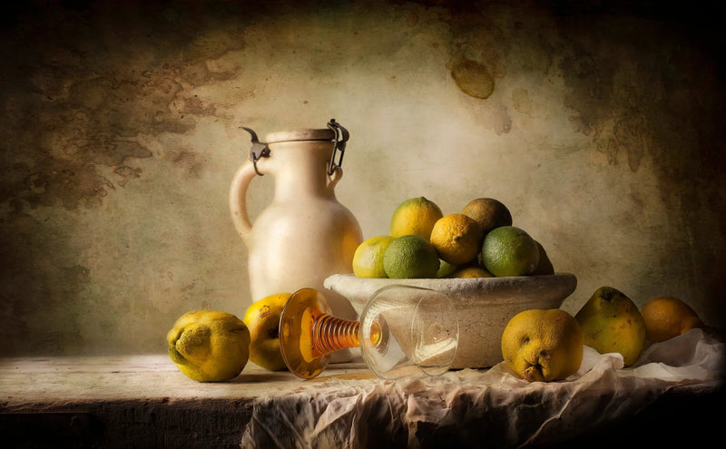 Still Life Oil Painting - Citrus Fruits, Jug and Glassware - Oil Painting Haven