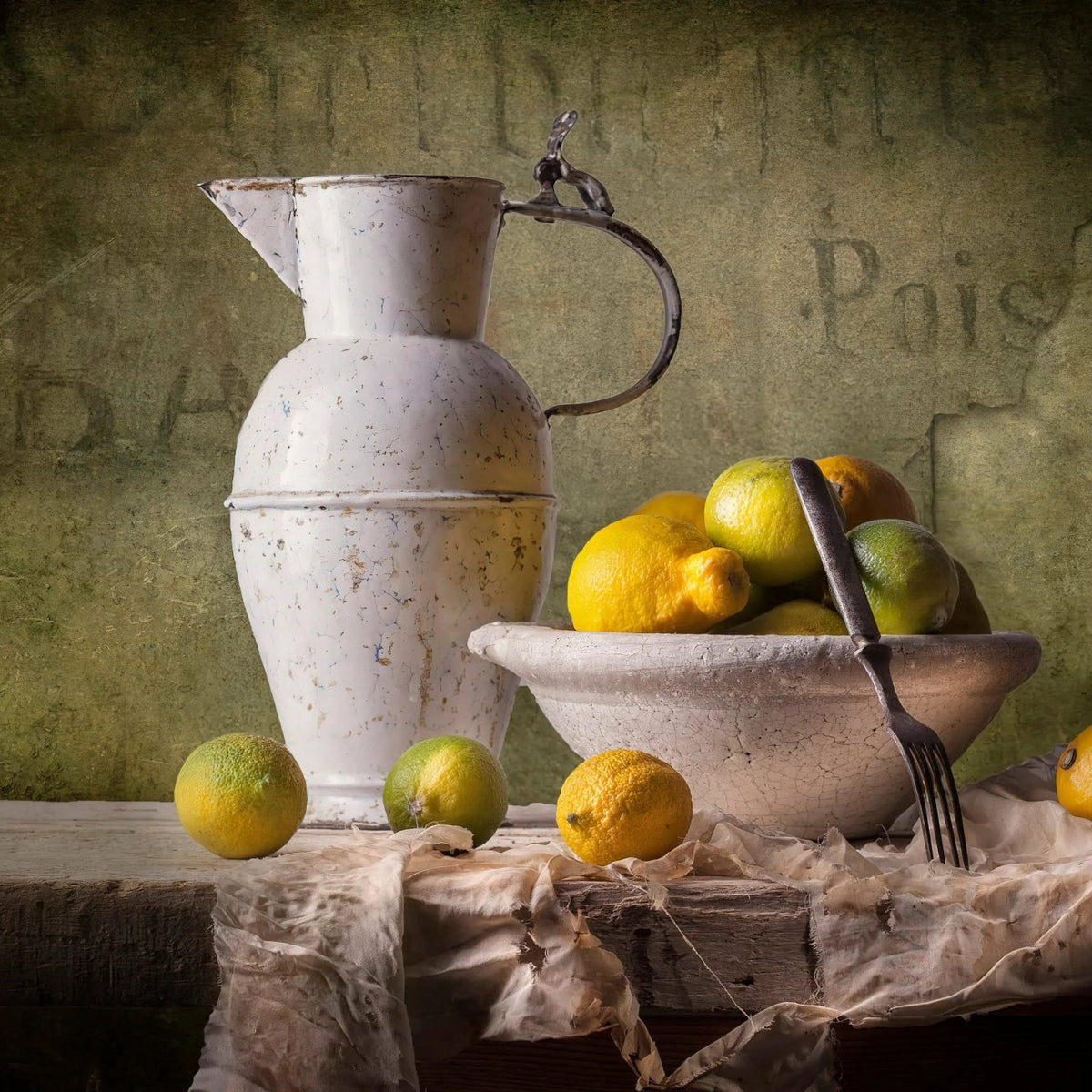 Still Life Oil Painting - Citrus Fruits, Pitcher and Utensil - Oil Painting Haven