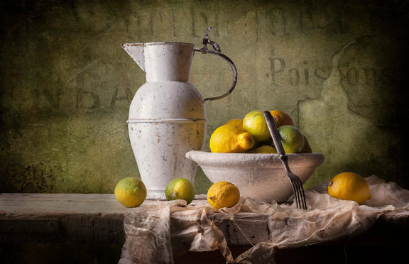 Still Life Oil Painting - Citrus Fruits, Pitcher and Utensil - Oil Painting Haven