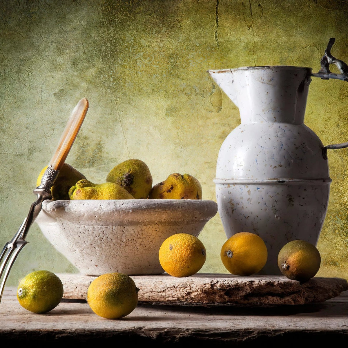 Still Life Oil Painting - Citrus Fruits, Pitcher and Utensils - Oil Painting Haven