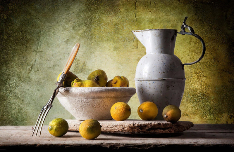 Still Life Oil Painting - Citrus Fruits, Pitcher and Utensils - Oil Painting Haven