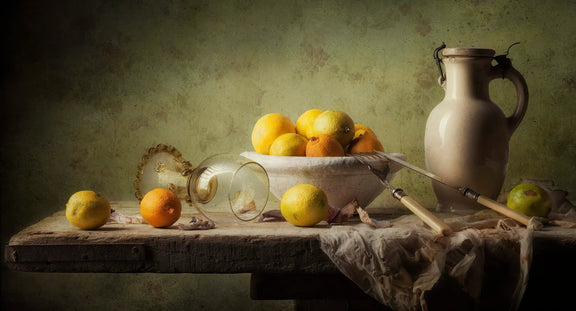 Still Life Oil Painting - Citrus Fruits, Pottery and Glassware Meta Description - Oil Painting Haven