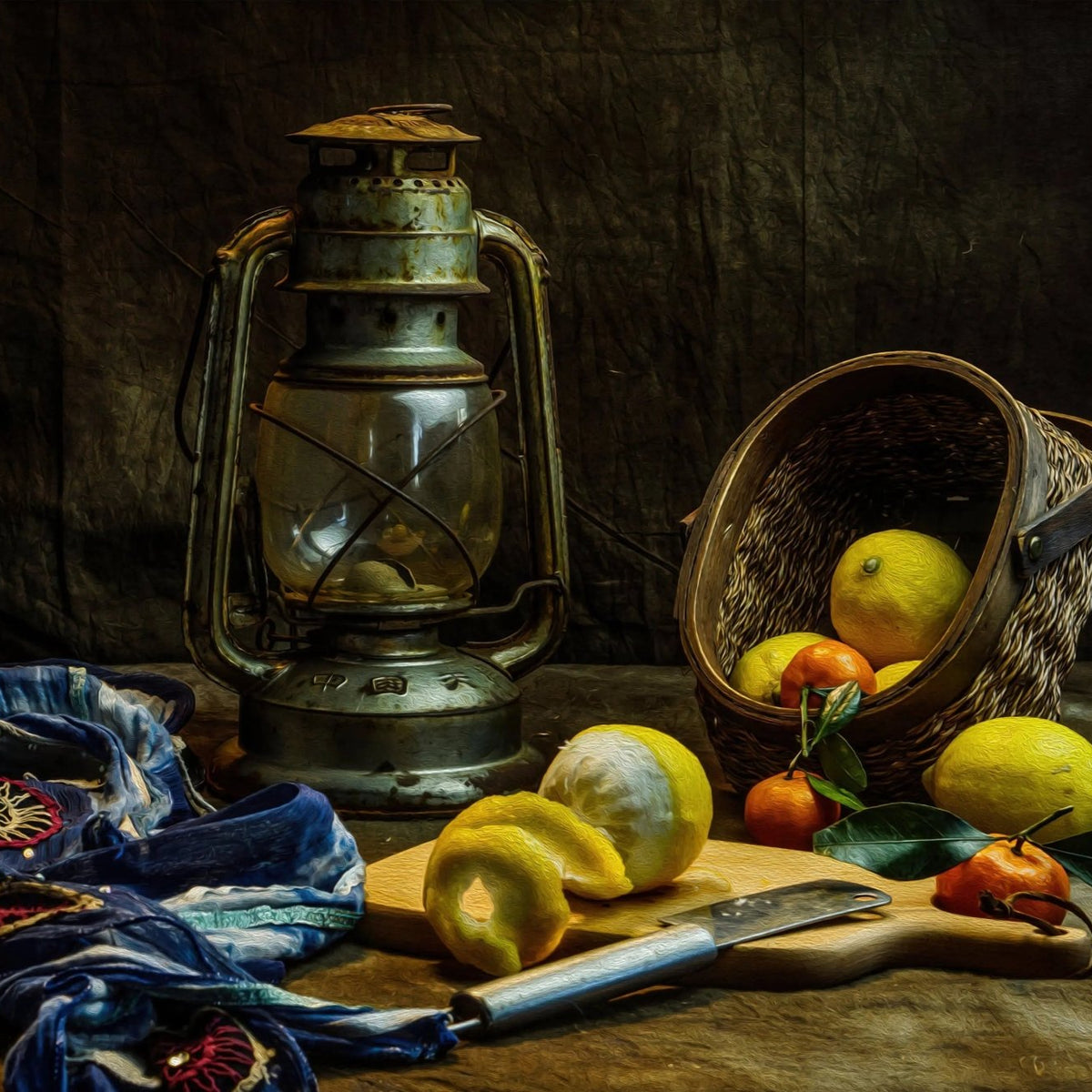 Still Life Oil Painting - Citrus Fruits, Vintage Lantern and Basket - Oil Painting Haven