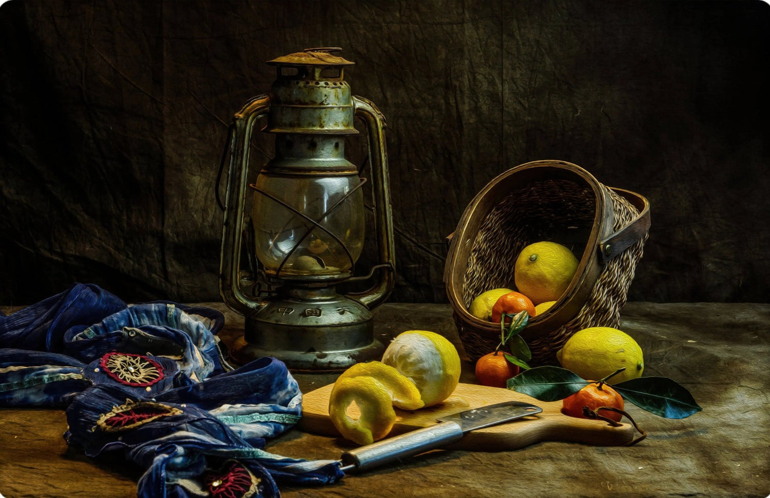 Still Life Oil Painting - Citrus Fruits, Vintage Lantern and Basket - Oil Painting Haven