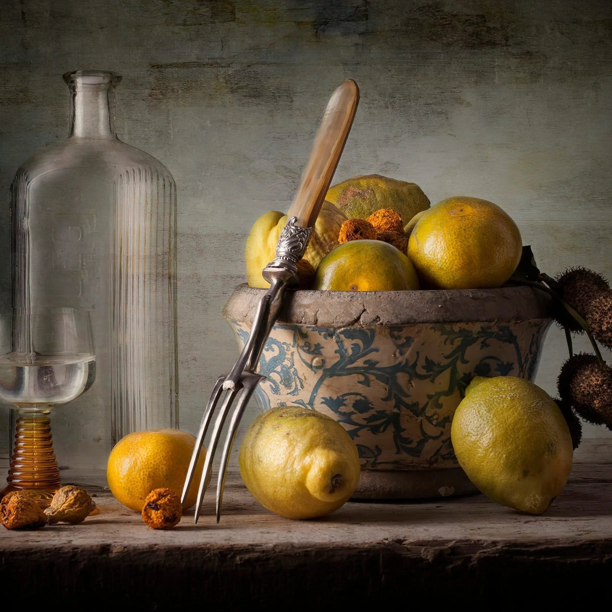 Still Life Oil Painting - Citrus, Glassware and Decorative Bowl - Oil Painting Haven