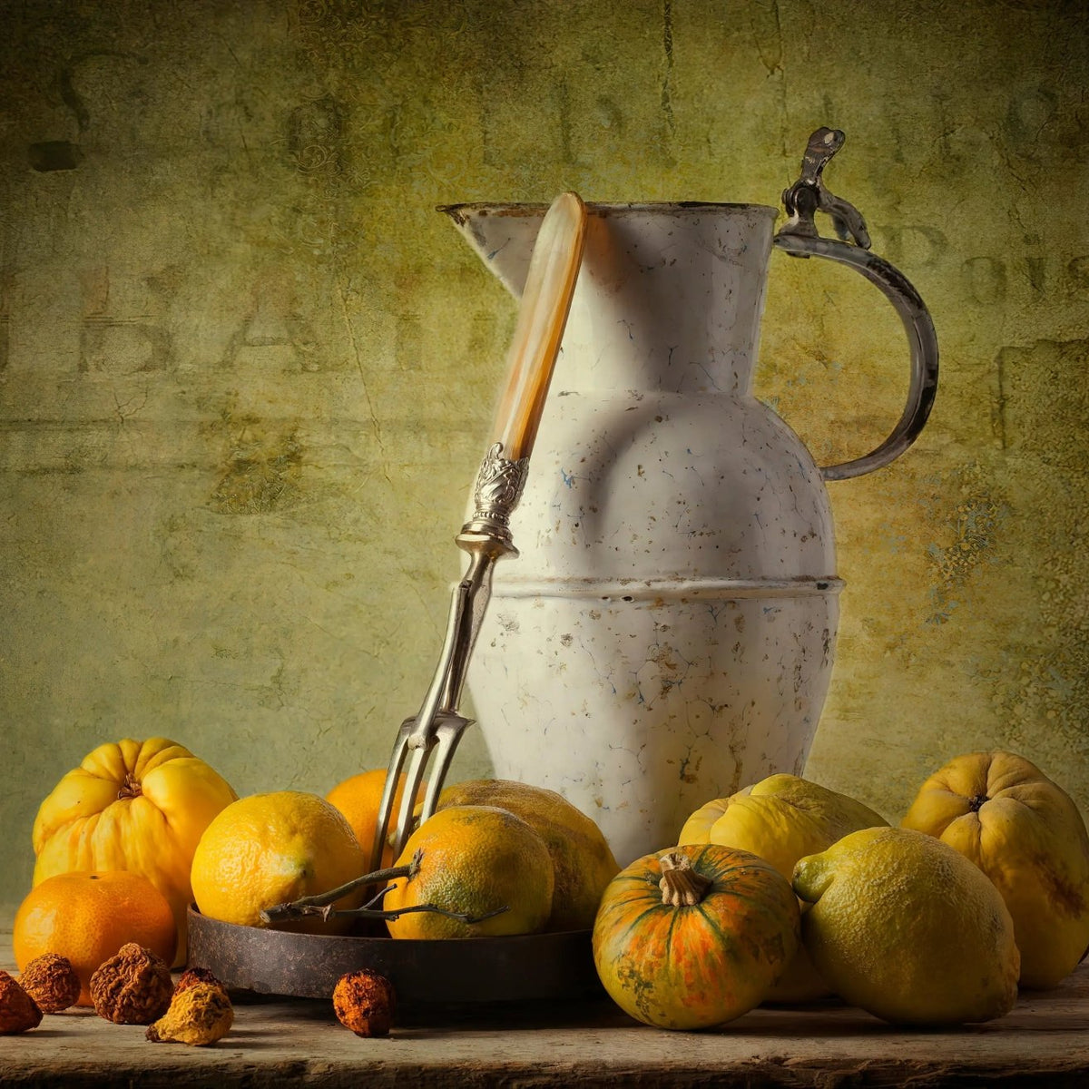 Still Life Oil Painting - Citrus, Gourds and Vintage Utensils Wall Art - Oil Painting Haven