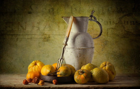 Still Life Oil Painting - Citrus, Gourds and Vintage Utensils Wall Art - Oil Painting Haven