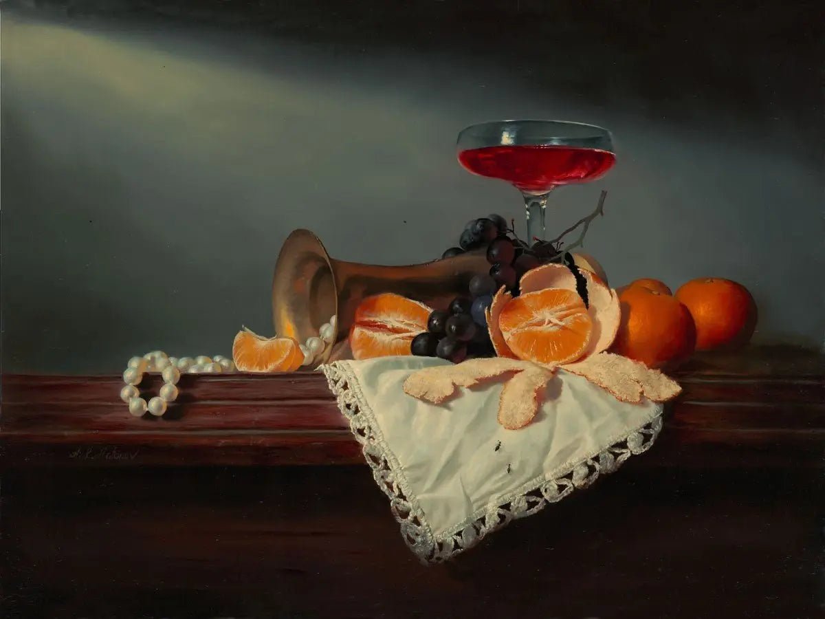 Still Life Oil Painting - Citrus, Grapes and Pearl Necklace - Oil Painting Haven