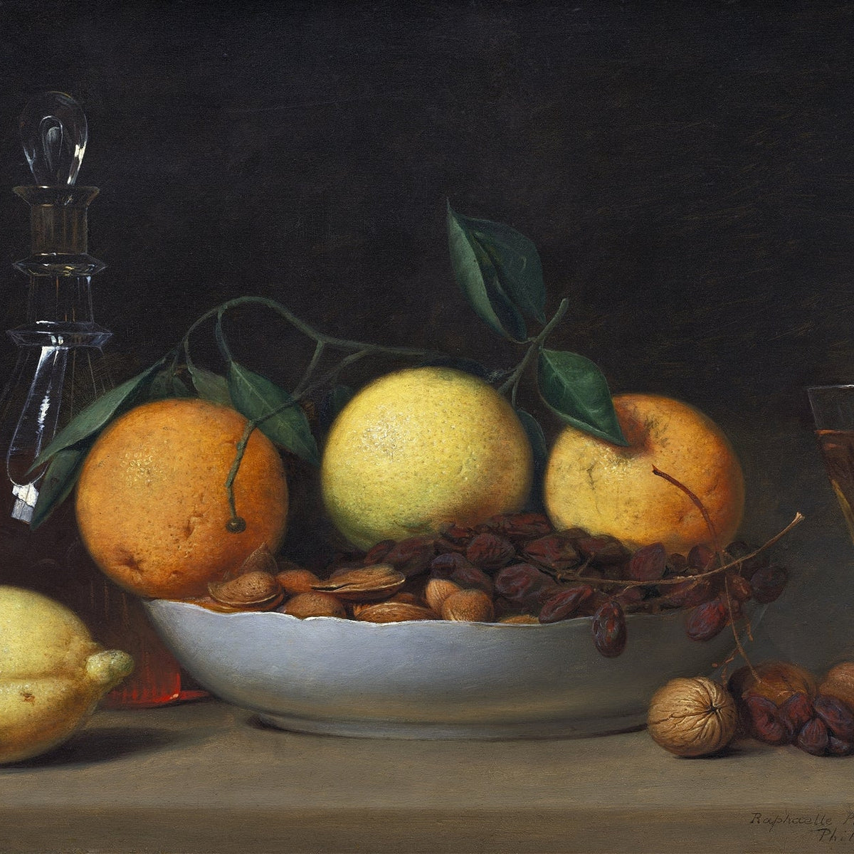 Still Life Oil Painting - Citrus, Nuts and Wine Glass - Oil Painting Haven