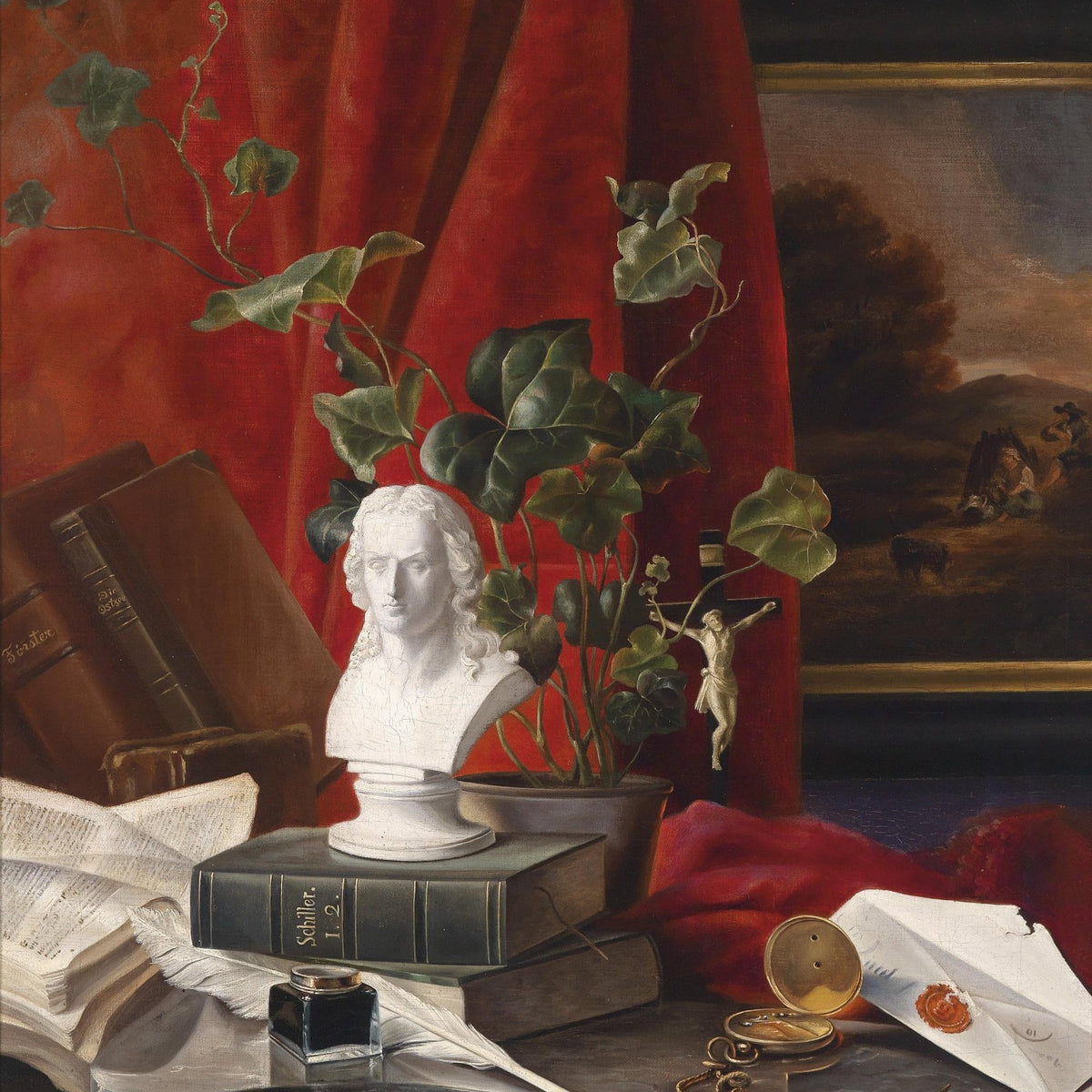 Still Life Oil Painting - Classical Bust and Books - Oil Painting Haven
